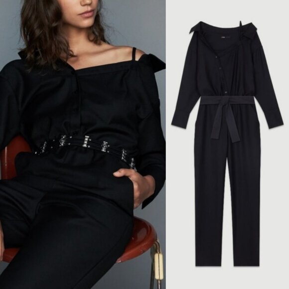 Nwt Maje Paris Jumpsuit Cold Shoulder Size 34 or XS Black Pockets Minimalist New - Picture 2 of 14